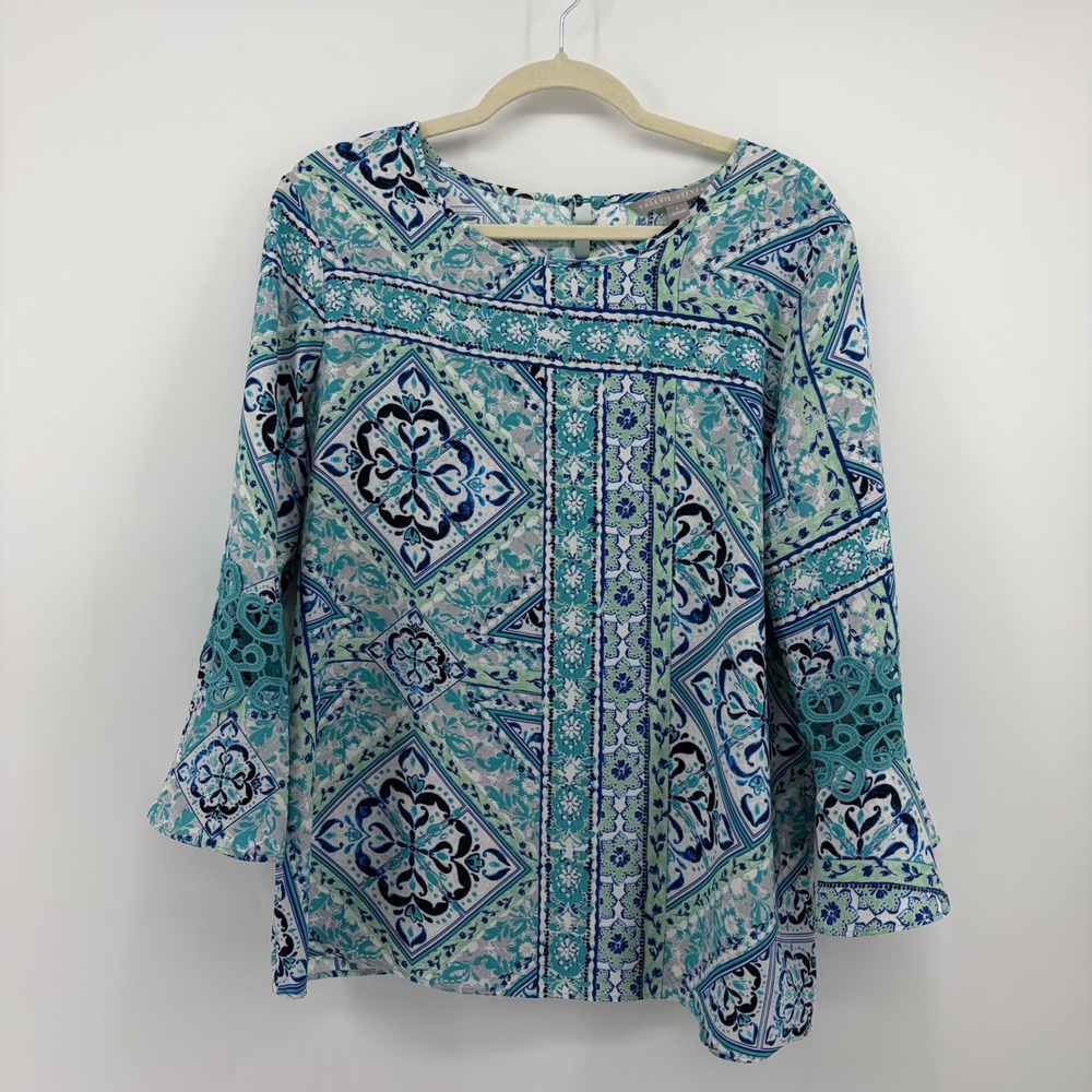 Valerie Stevens Womens Large Blue‎ Blouse Tile Print Crochet Bell Sleeve Top